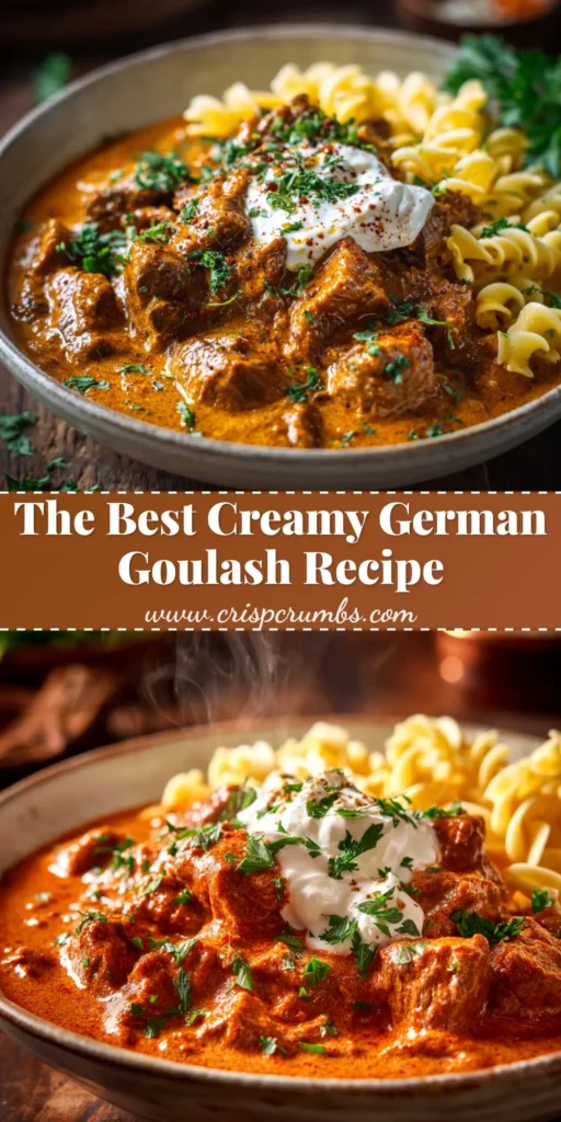 A rich and hearty German goulash recipe served in a rustic bowl, showcasing tender beef and a savory paprika sauce. Perfect for a comforting dinner.