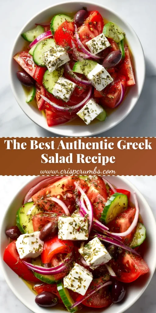 A vibrant and authentic Greek Salad Recipe (Horiatiki) in a white bowl, topped with a large block of feta cheese and a sprinkle of oregano.