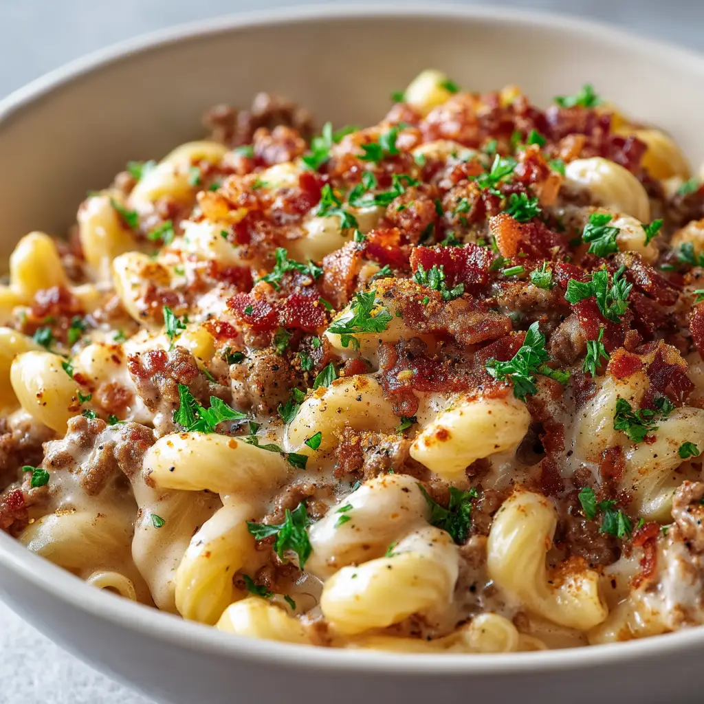Bacon Cheeseburger Pasta (The Ultimate 30-Minute Recipe!) 1 A rustic white bowl of cheeseburger pasta skillet, ready to be served for a family dinner.