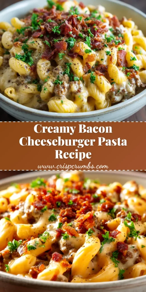 Bacon Cheeseburger Pasta (The Ultimate 30-Minute Recipe!) 3 A large white bowl filled with creamy Bacon Cheeseburger Pasta, topped with crispy bacon bits and fresh parsley.