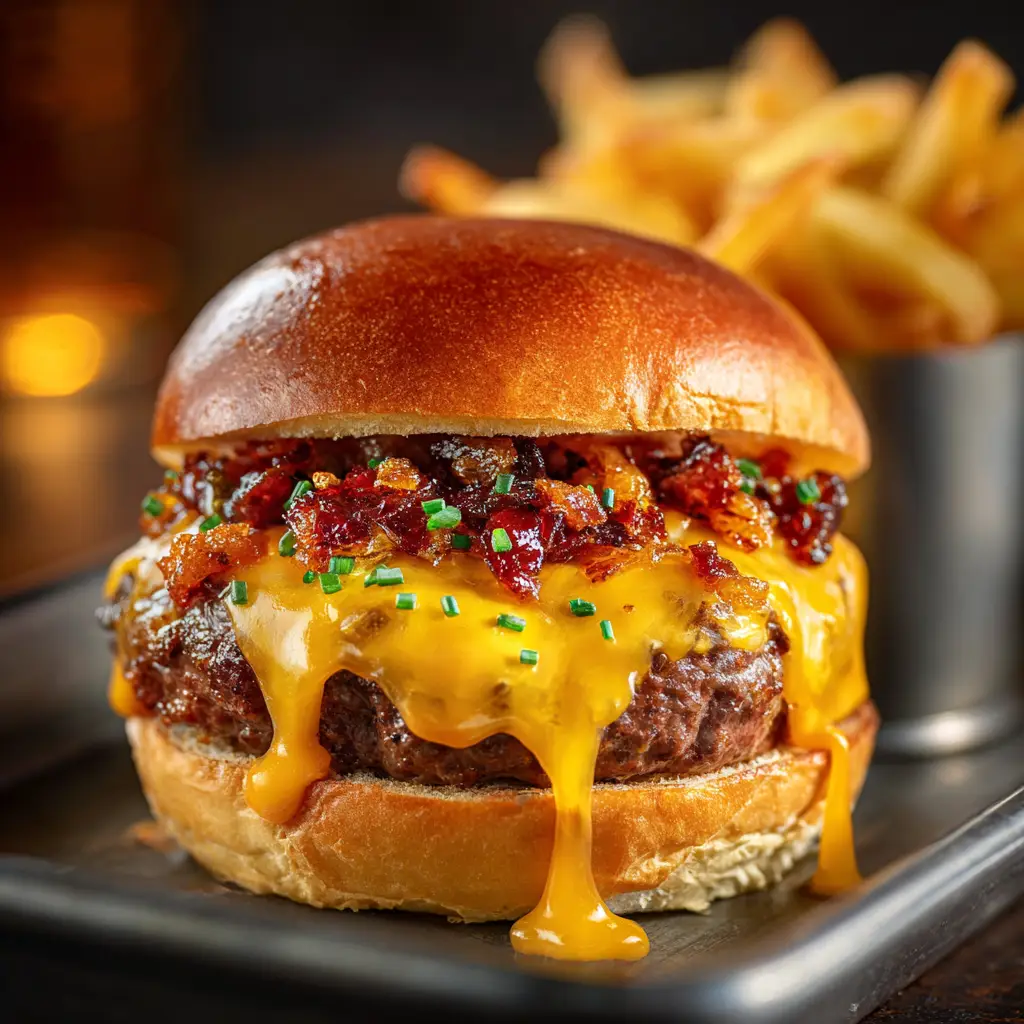 Bacon Jam Cheeseburger Sliders: The Ultimate Party Food 1 A single bacon jam cheeseburger slider pulled from the tray, showcasing the layers of juicy beef, melted cheese, and rich bacon jam.