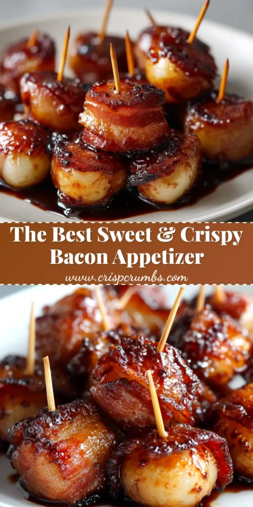 A tall pin image showing a platter of crispy bacon wrapped water chestnuts with a sweet and savory glaze. The text overlay reads 'The Best Bacon Wrapped Water Chestnuts Recipe'.