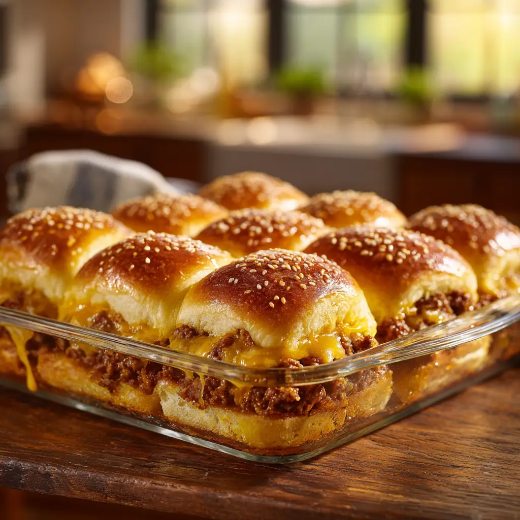 The full pan of baked cheeseburger sliders on a wooden board, ready for serving at a party or family dinner.