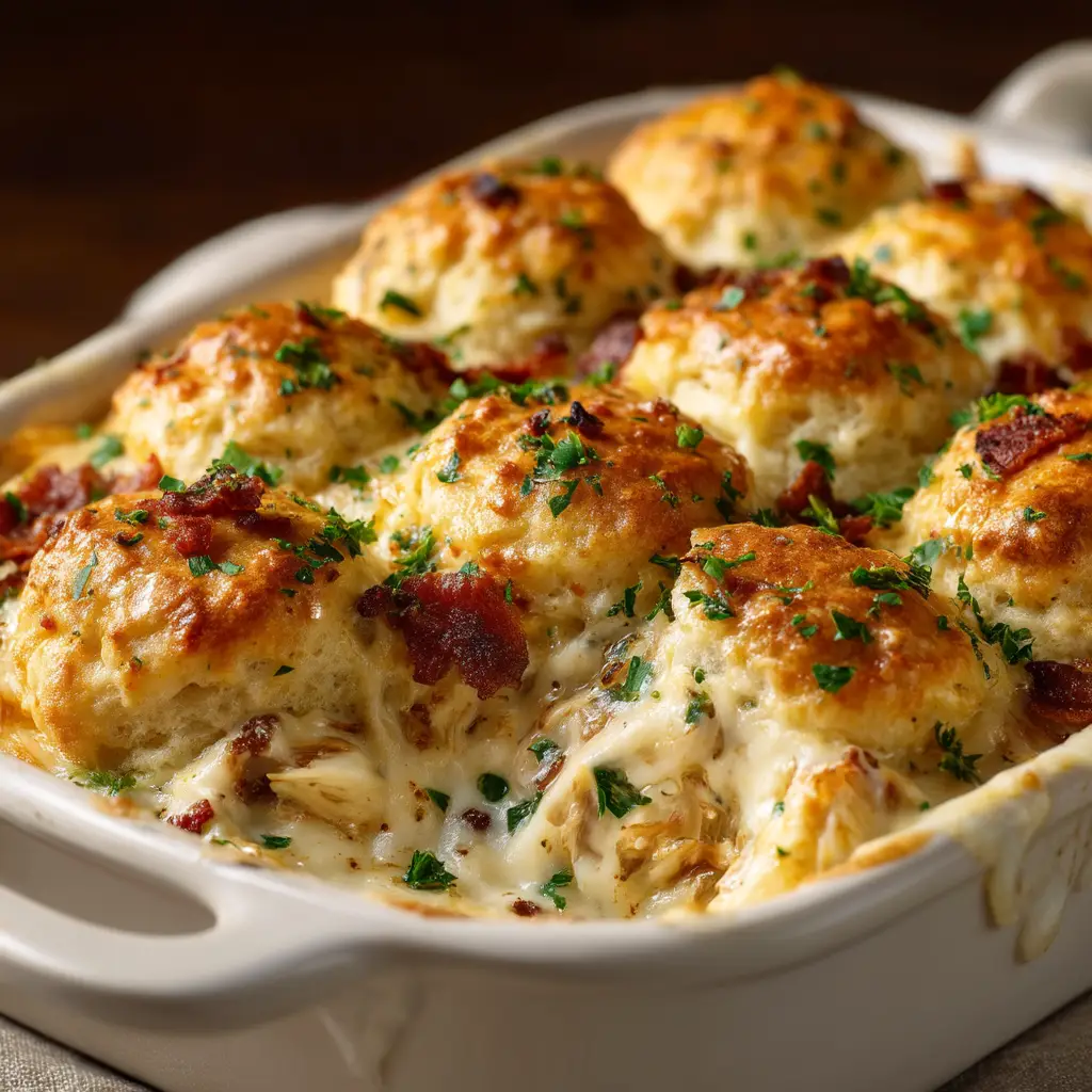 Chicken Biscuit Casserole (The Ultimate Comfort Food Recipe) 1 The full 9x13 baking dish of chicken biscuit casserole just out of the oven, with a bubbly filling and perfectly baked biscuits.
