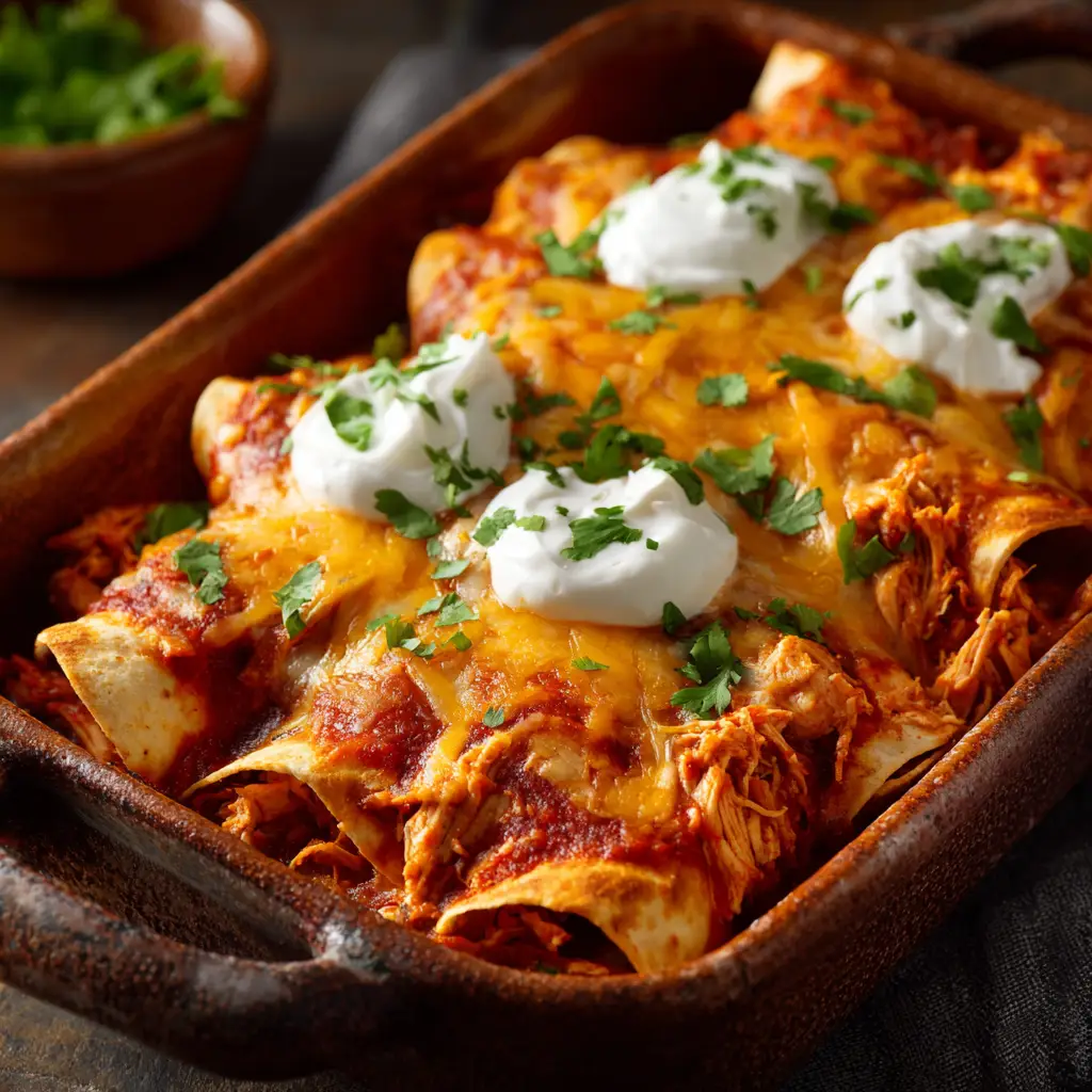 The full baking dish of high protein chicken enchiladas fresh out of the oven, with bubbly sauce and golden-brown melted cheese.