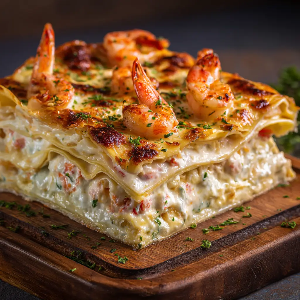 A beautiful shot of the entire seafood lasagna baked in its casserole dish, with a slice already served. The top is golden and bubbly.