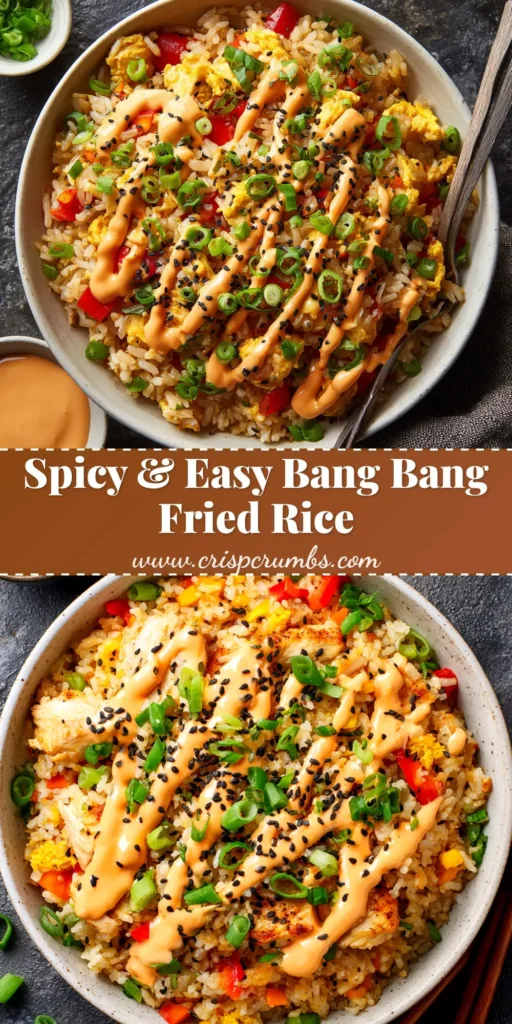 An overhead shot of a vibrant bowl of Bang Bang Fried Rice, drizzled generously with a creamy orange sauce and garnished with fresh green onions.