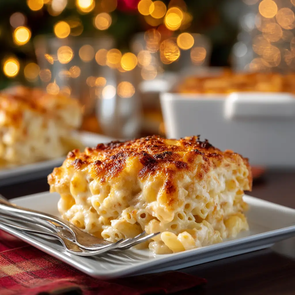 A corner serving of the best baked mac and cheese recipe, with a crispy breadcrumb topping and melted cheese strings.