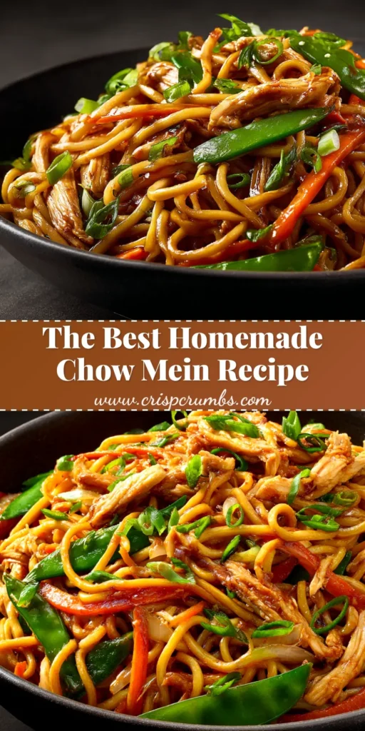 Chow Mein Recipe (Better Than Takeout) 4 A close-up shot of a delicious homemade Chow Mein Recipe in a white bowl with chopsticks, ready to be eaten. The noodles are mixed with chicken and fresh vegetables.