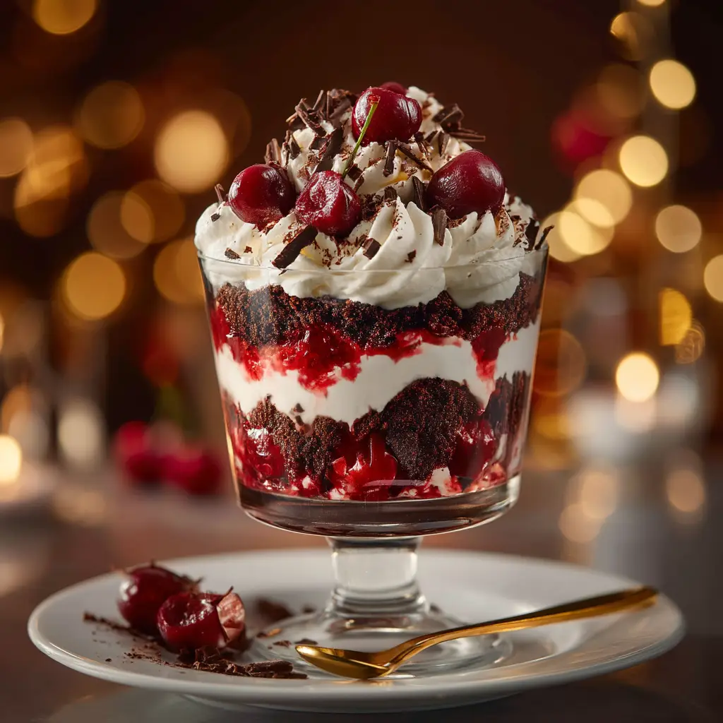 Black Forest Trifle: An Easy & Decadent Layered Dessert 1 A beautiful close-up of the Black Forest Trifle layers, showing the texture of the chocolate cake, cherry pie filling, and fluffy whipped cream.