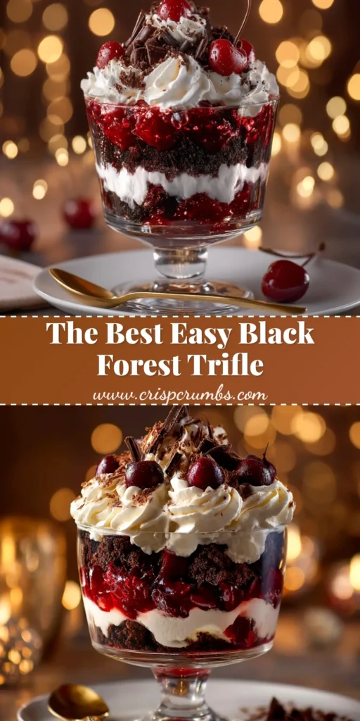 Black Forest Trifle: An Easy & Decadent Layered Dessert 3 A stunning Black Forest Trifle in a large glass bowl, showcasing layers of chocolate cake, cherry filling, and whipped cream, topped with chocolate shavings.