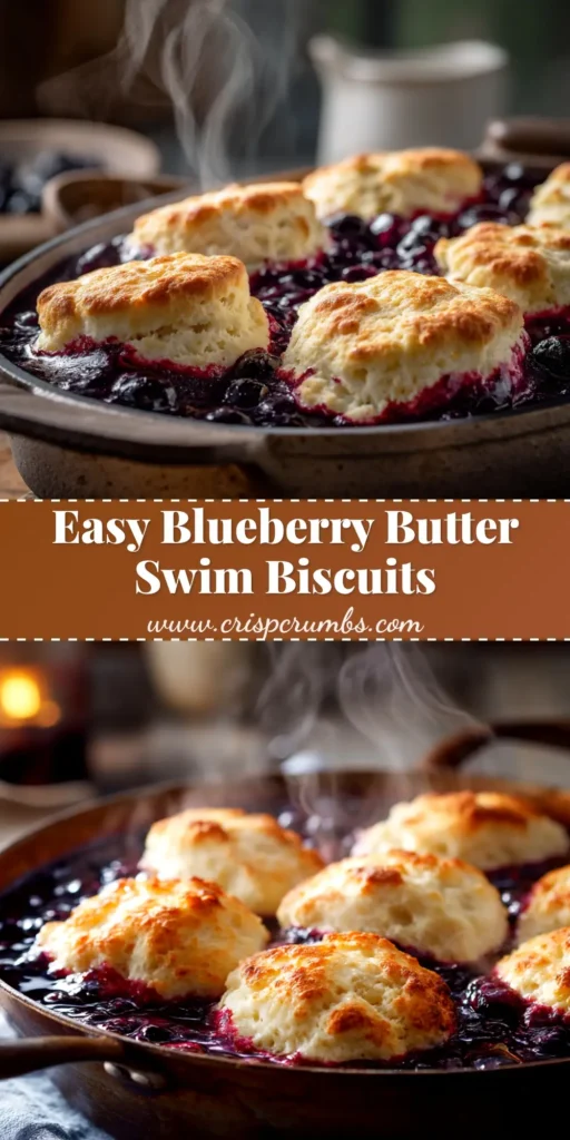A pan of golden brown Blueberry Butter Swim Biscuits, with a crispy, buttery crust and juicy blueberries bursting through the top.