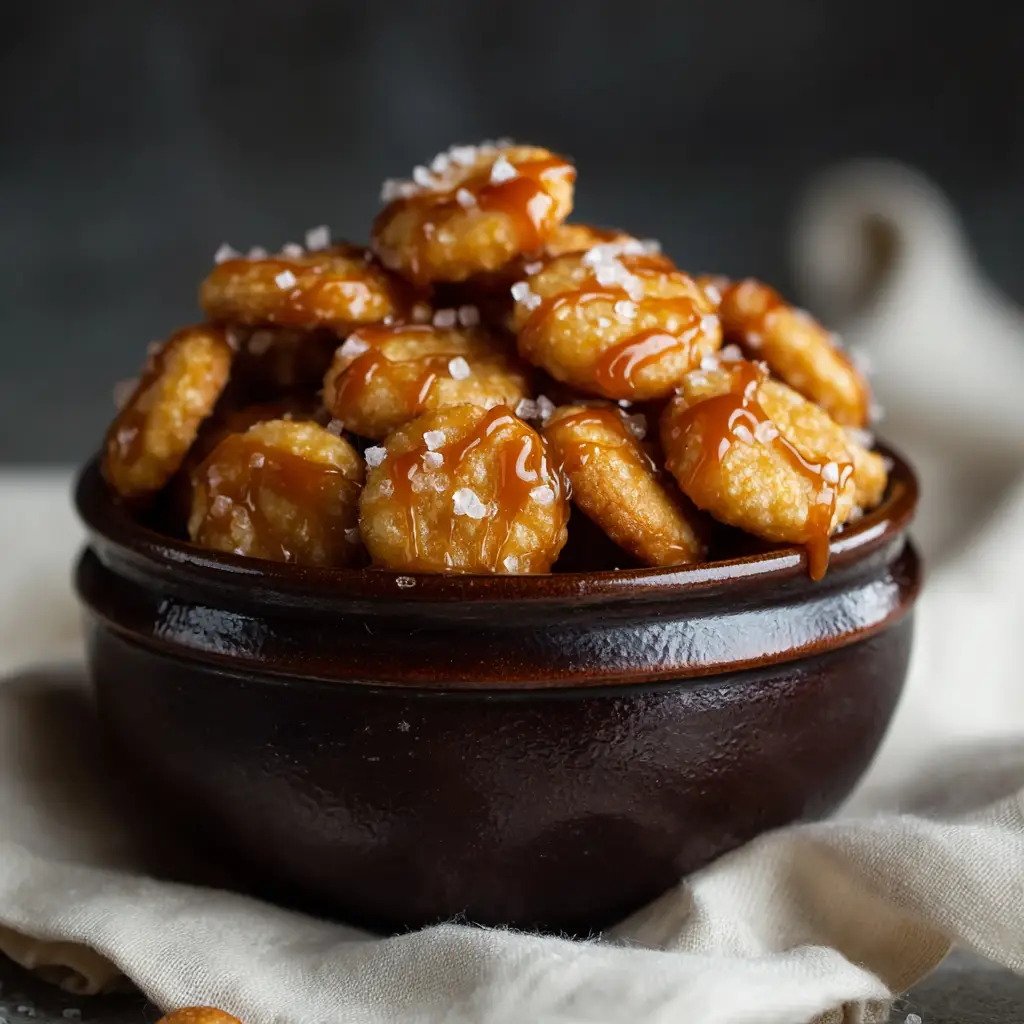 A bowl filled with finished Salted Caramel Cracker Bites. The chocolate topping is perfectly set and sprinkled with coarse sea salt, ready to be enjoyed.