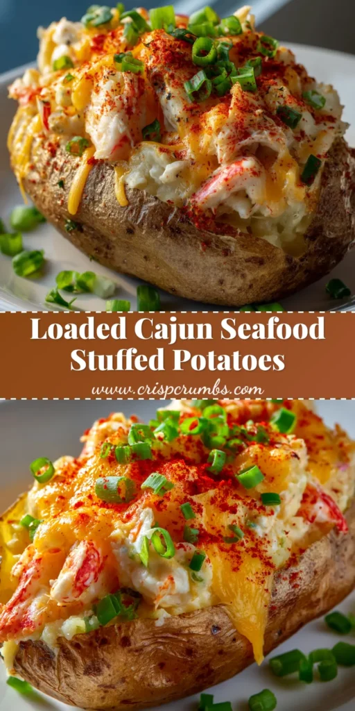 A delicious Cajun Seafood Stuffed Potato, loaded with a creamy shrimp and crab filling and topped with melted cheese and fresh green onions, presented on a white plate.