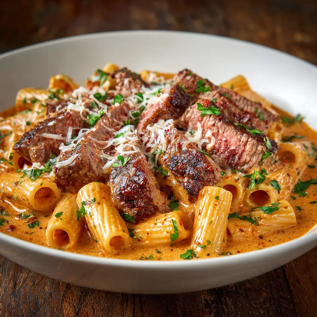A hearty bowl of Cajun Steak Pasta shown from a 45-degree angle, with fresh bell peppers and onions visible in the creamy sauce.