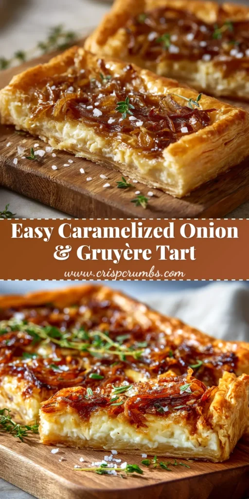 Caramelized Onion and Gruyère Tart: The Ultimate Savory Bake 4 A close-up overhead shot of a freshly baked Caramelized Onion and Gruyère Tart, ready to be pinned. The tart has a golden-brown crust and a bubbly cheese topping.