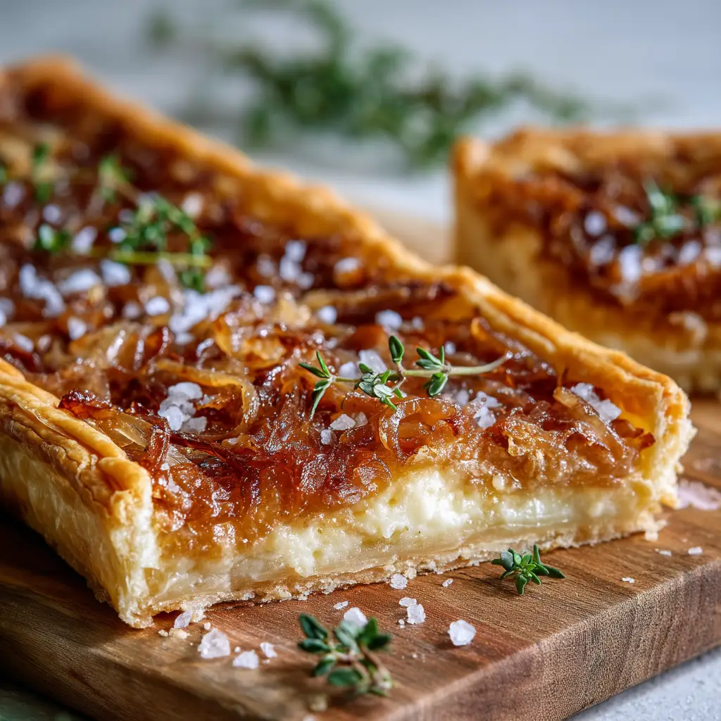 Caramelized Onion and Gruyère Tart: The Ultimate Savory Bake 1 A single slice of the Caramelized Onion and Gruyère Tart on a plate, revealing the rich layers of sweet onions and creamy custard.