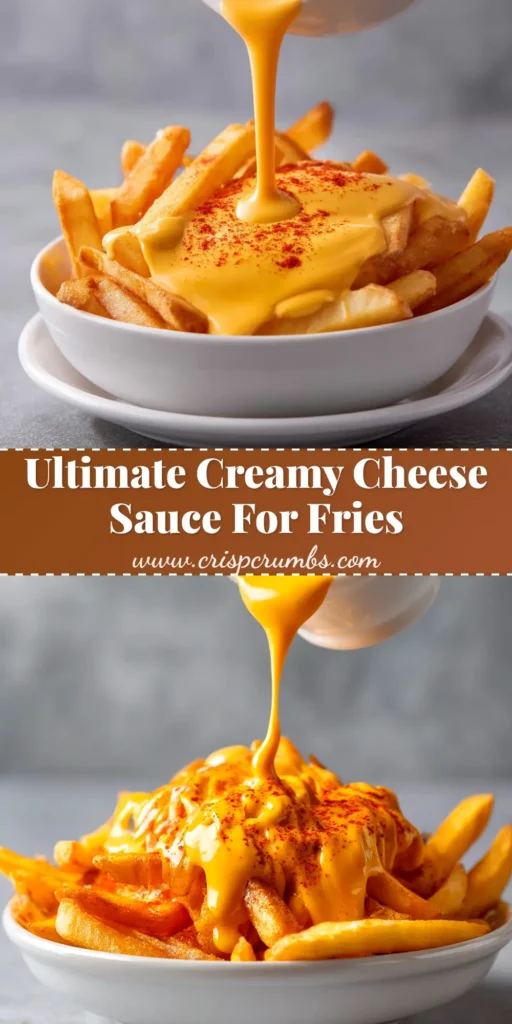 A large bowl of crispy french fries generously topped with a creamy, golden cheese sauce for fries. The perfect easy and homemade recipe.