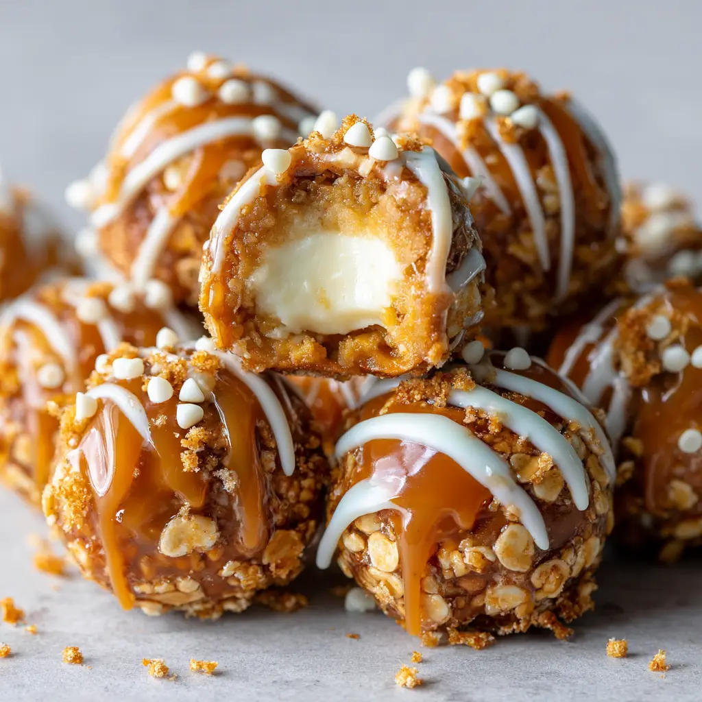 Salted Caramel Pretzel Cheesecake Balls (The Ultimate No-Bake Treat) 1 A cross-section view of a cheesecake ball, revealing the creamy white cheesecake filling and the gooey, golden caramel center inside.