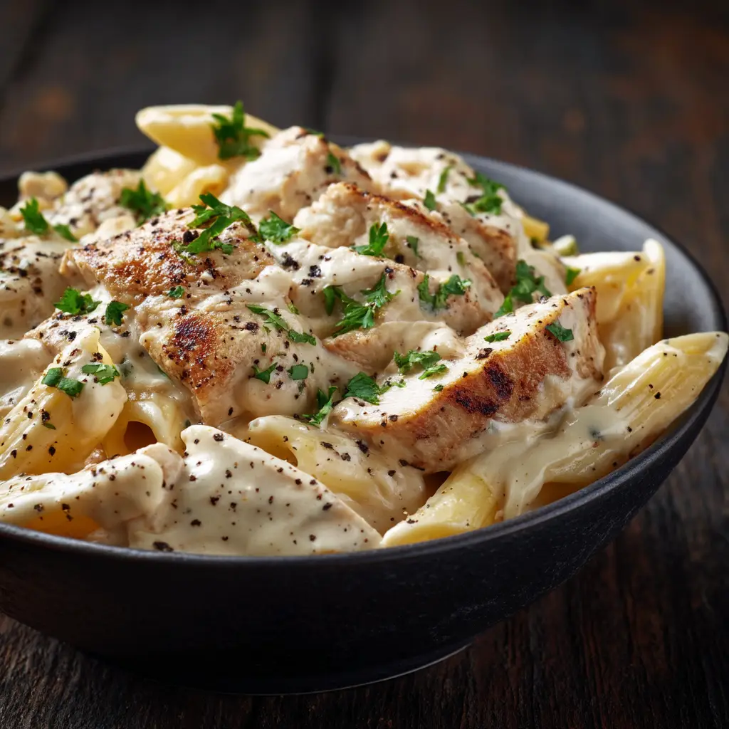 A fork lifting a bite of cheesy bacon ranch penne from a bowl, demonstrating the deliciousness of the final dish.