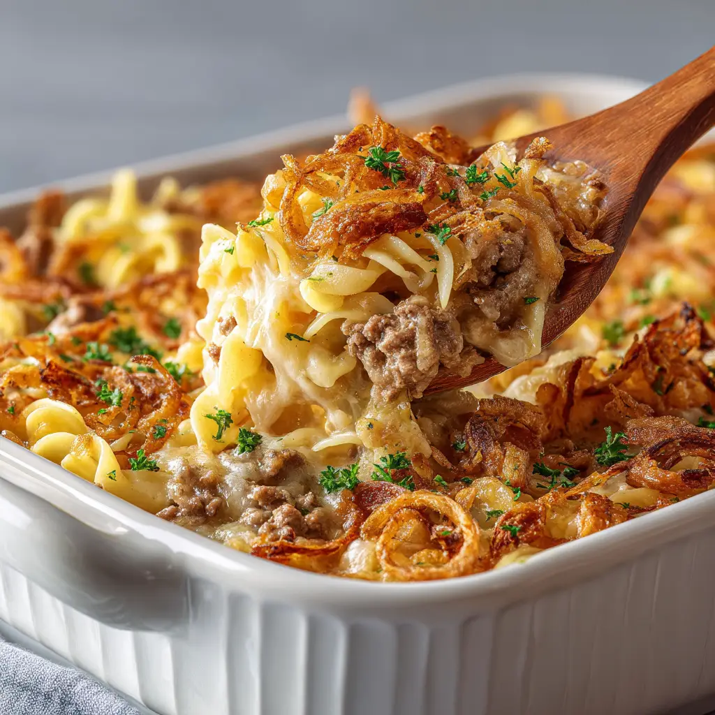 The French Onion Beef Casserole being assembled in a white baking dish before going into the oven, topped with baguette slices and shredded Gruyère cheese.