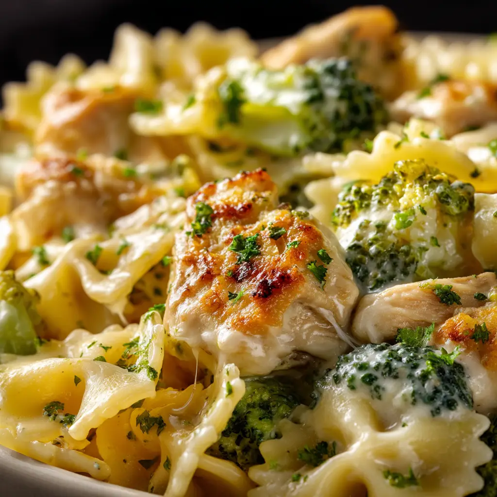 A fork lifting a bite of the cheesy chicken and broccoli casserole from a plate, showcasing the melted mozzarella cheese.