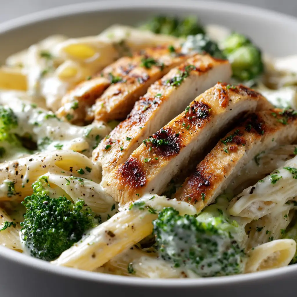 Creamy Chicken and Broccoli Penne (The Ultimate Weeknight Dinner) 1 A fork lifting a bite of creamy chicken and broccoli pasta from a bowl, showing the tender chicken and perfectly cooked broccoli.