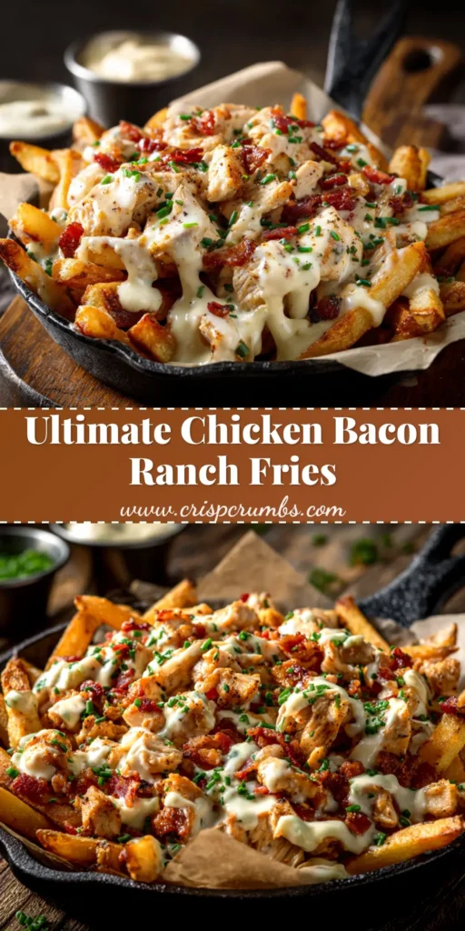 An overhead shot of a large skillet filled with delicious Chicken Bacon Ranch Fries, generously topped with melted cheese, crispy bacon, and fresh green onions, with ranch dressing drizzled over the top.
