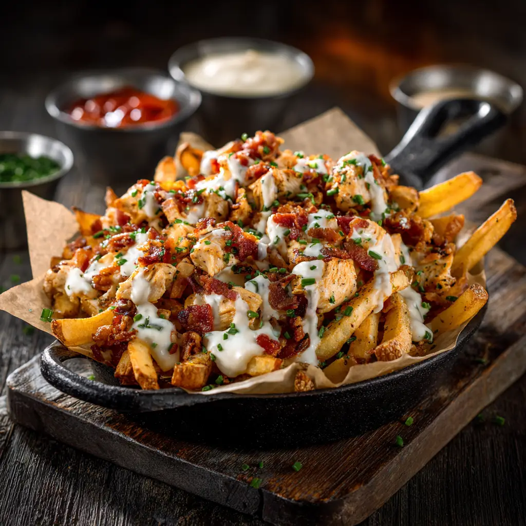 A serving of chicken bacon ranch loaded fries on a plate, ready to be eaten. The dish is garnished with green onions and a side of ranch dressing for dipping.