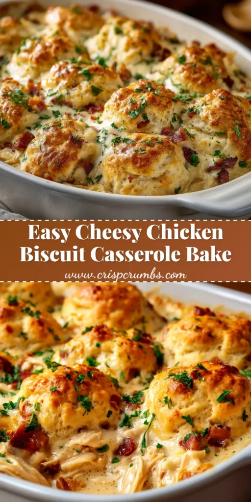 Chicken Biscuit Casserole (The Ultimate Comfort Food Recipe) 4 An overhead shot of a freshly baked chicken biscuit casserole in a baking dish, showcasing the golden-brown biscuit topping and creamy filling.