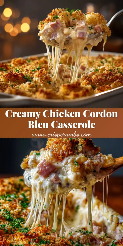 Chicken Cordon Bleu Casserole: The Ultimate Easy Recipe 4 An overhead shot of a bubbly, golden-brown Chicken Cordon Bleu Casserole in a white baking dish, ready to be served.
