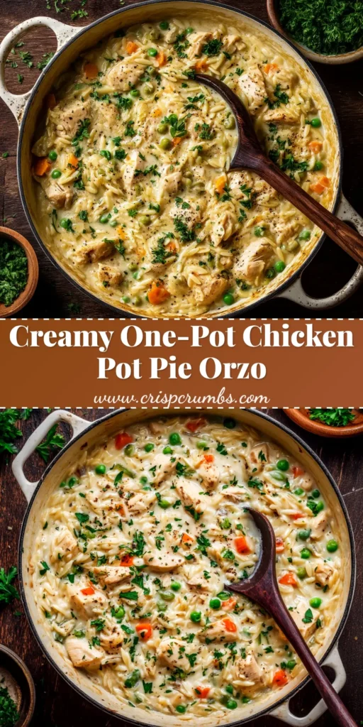 A top-down view of the creamy Chicken Pot Pie Orzo Recipe in a skillet, garnished with fresh parsley. The perfect one-pot comfort meal.