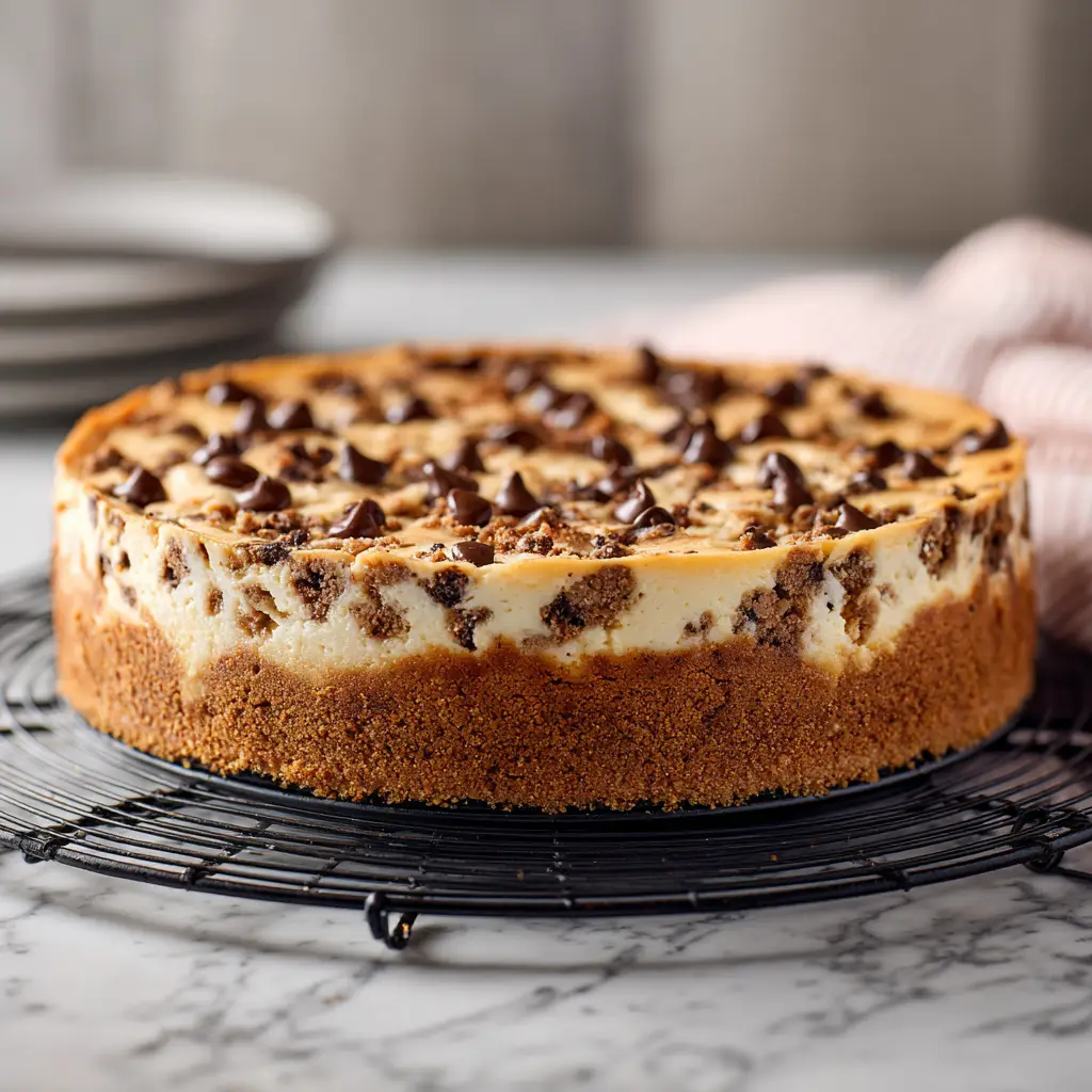 Chocolate Chip Cookie Dough Cheesecake: The Ultimate Recipe 1 An overhead view of the finished chocolate chip cookie dough cheesecake, showcasing the texture of the cookie dough topping.