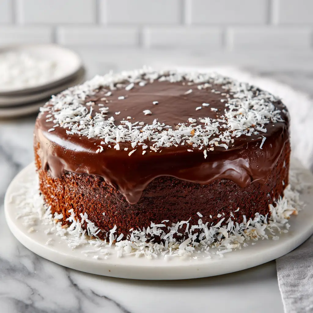 An overhead view of the finished Chocolate Coconut Cake, highlighting the texture of the shredded coconut on top of the smooth, white frosting.