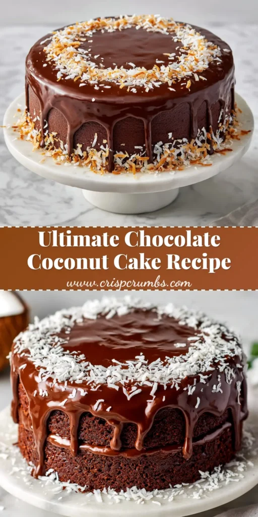 A beautiful slice of Chocolate Coconut Cake on a white plate, showing moist chocolate layers and creamy coconut frosting, with the whole cake in the background.