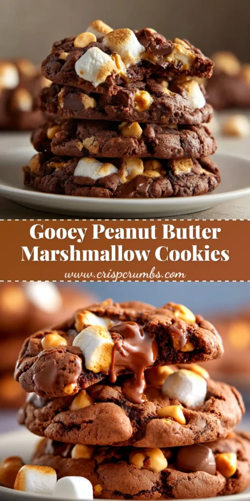 Chocolate Peanut Butter Marshmallow Cookies: The Ultimate Gooey Treat 3 A stack of homemade Chocolate Peanut Butter Marshmallow Cookies on a plate, showing gooey melted marshmallow and chocolate chips.