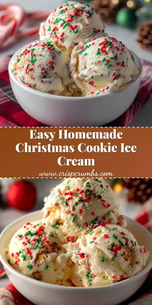 Christmas Cookie Ice Cream (Easy No-Churn Recipe!) 3 A festive scoop of no-churn Christmas Cookie Ice Cream in a bowl, garnished with sprinkles and a holiday cookie.