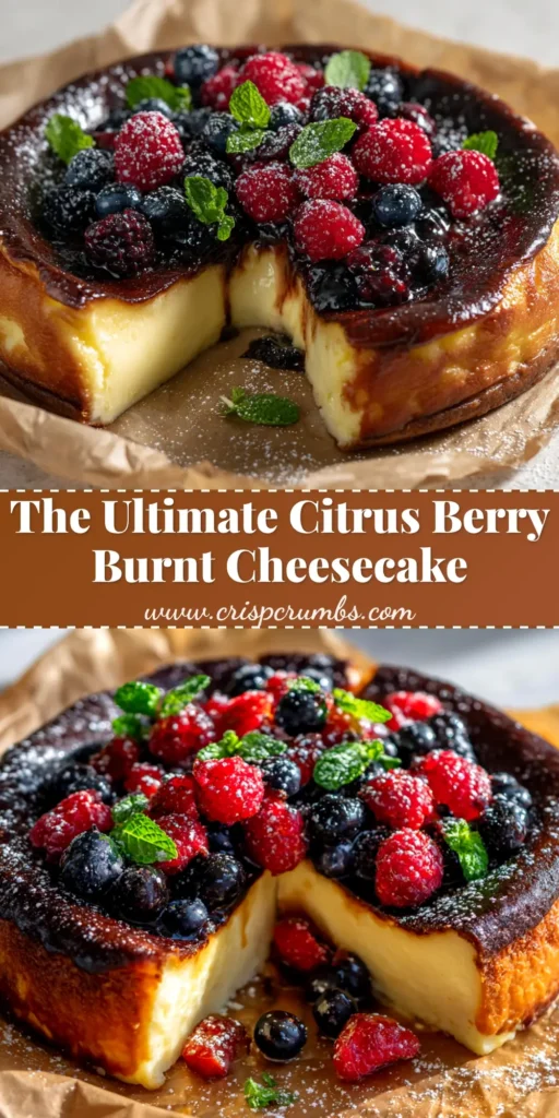 Citrus Berry Burnt Cheesecake: A Recipe for Perfection 4 A pin-style image of a slice of Citrus Berry Burnt Cheesecake on a plate, showcasing its creamy interior and caramelized top, with text overlay.