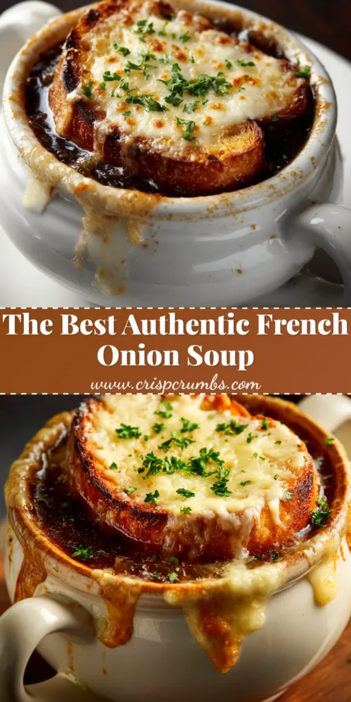French Onion Soup: The Ultimate Recipe for Rich, Savory Flavor 3 A close-up of a crock of classic French Onion Soup, with a thick layer of golden-brown broiled Gruyère cheese covering a toasted baguette slice. The rich, dark broth is visible in the background.
