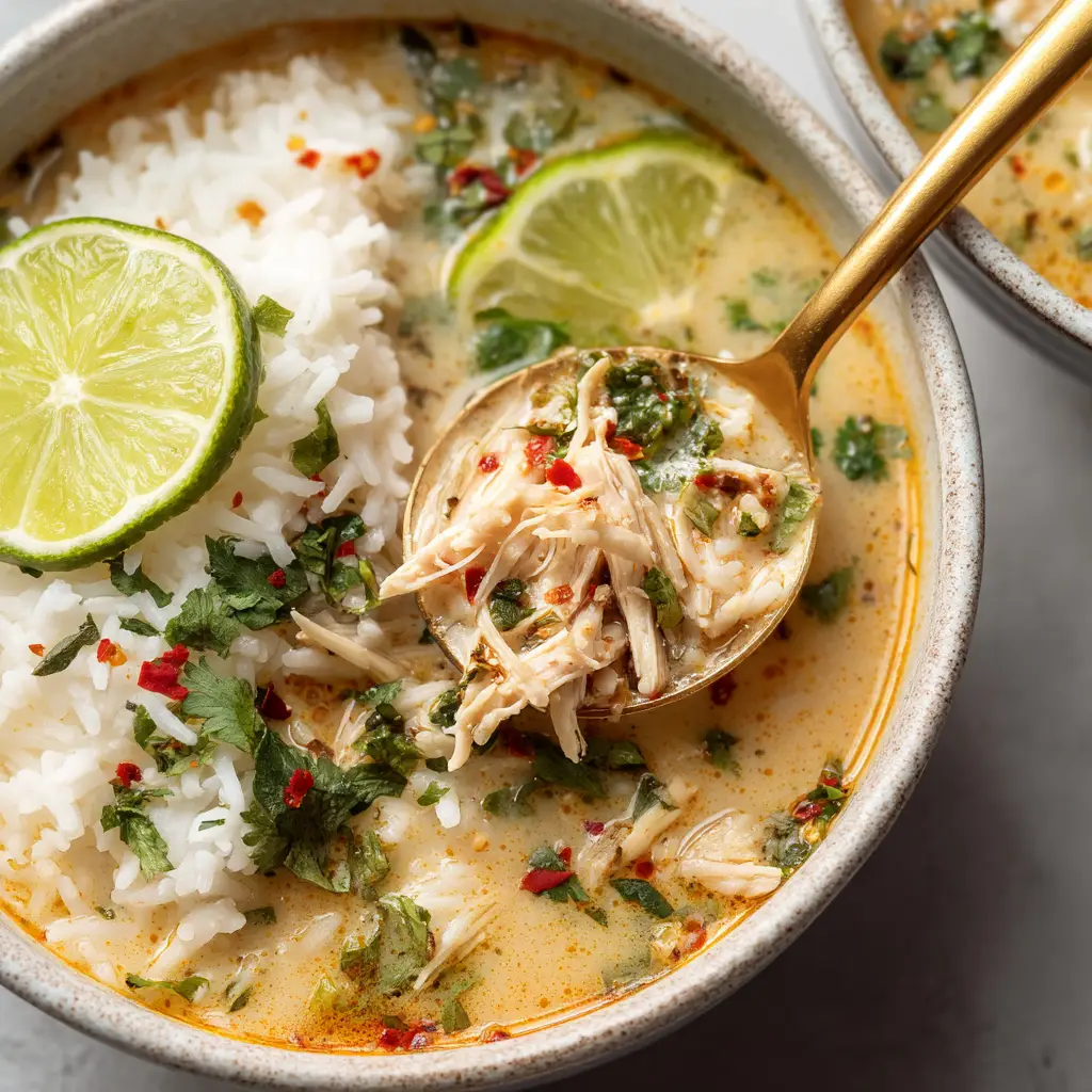 Coconut Chicken and Rice (The Ultimate One-Pan Recipe) 1 The fresh ingredients for coconut chicken and rice, including cubed chicken, coconut milk, jasmine rice, and aromatics, ready for cooking.