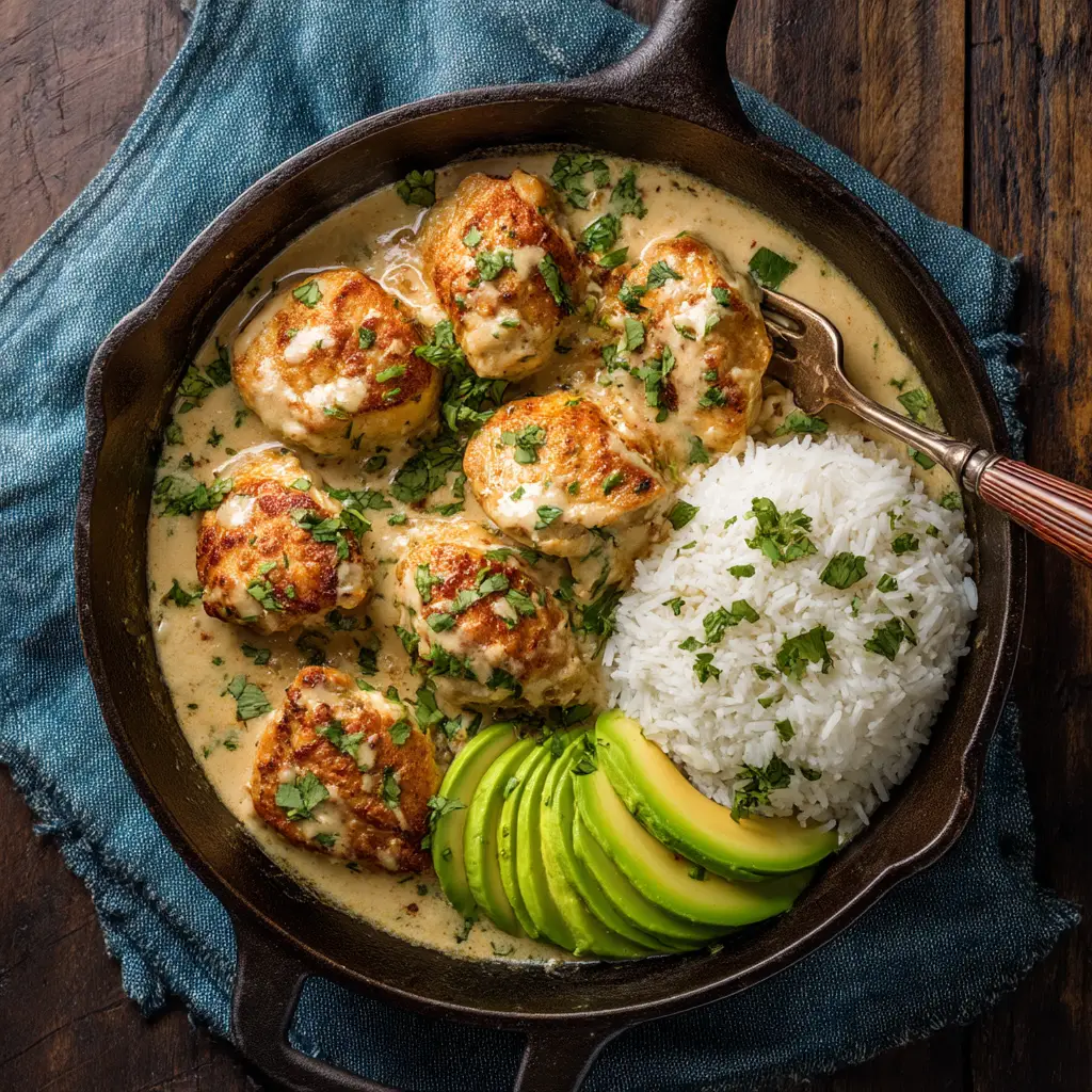 Coconut Chicken Recipe (Creamy & Easy 30-Minute Dinner) 1 A final plated shot of the coconut curry chicken served over jasmine rice in a rustic bowl, ready to be eaten.