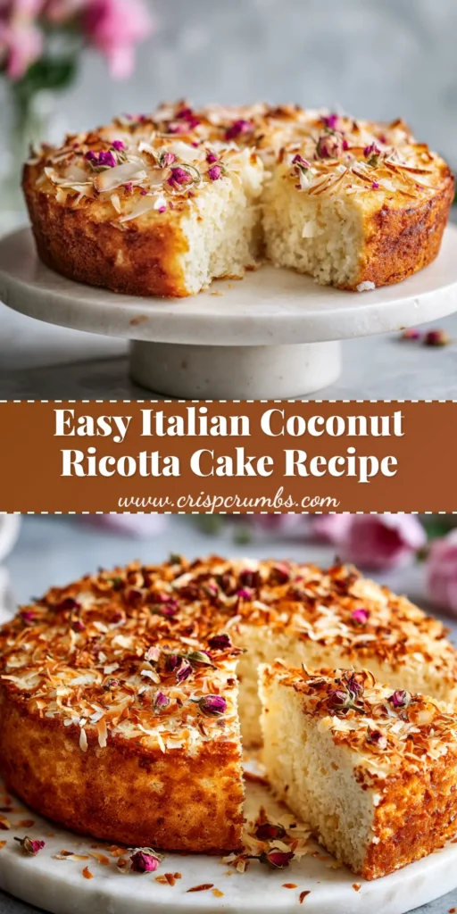 Coconut Ricotta Cake (The Best Moist & Easy Recipe) 4 A beautiful slice of moist coconut ricotta cake on a white plate, showing a tender crumb and toasted coconut on top. The perfect easy dessert recipe.