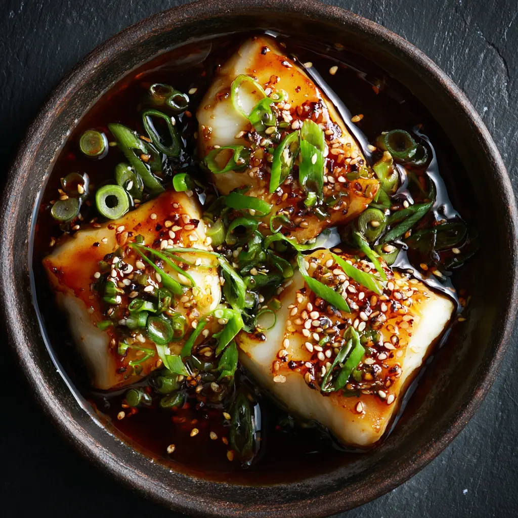 A close-up of a flaky piece of ginger soy halibut being lifted with a fork, showing the moist and tender interior of the fish after being cooked in the Asian-inspired marinade.