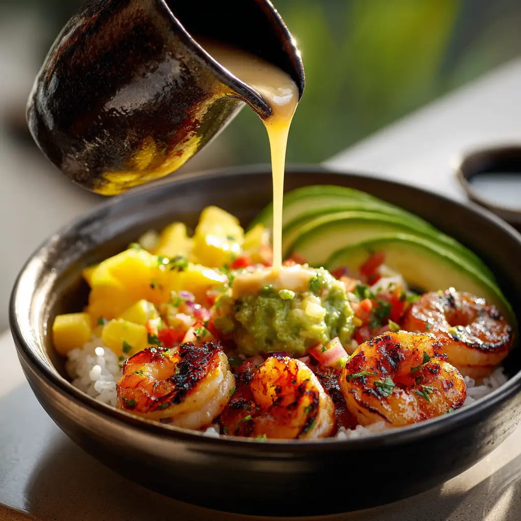 A detailed view of perfectly cooked, seasoned shrimp in a quinoa bowl, ready to be eaten. The shrimp are pink and juicy.