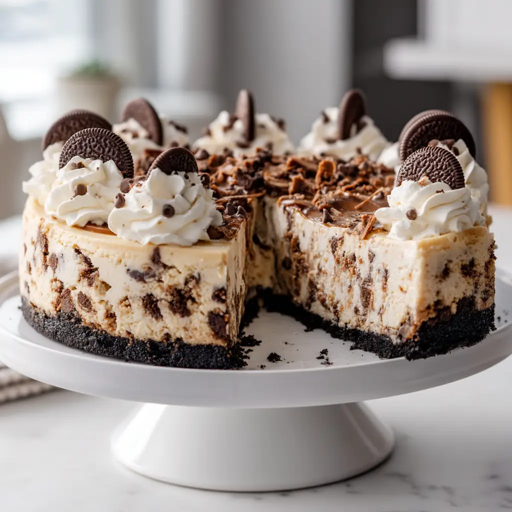 An overhead shot of the cookie dough cheesecake, with one slice removed to show the interior texture and cookie dough chunks.