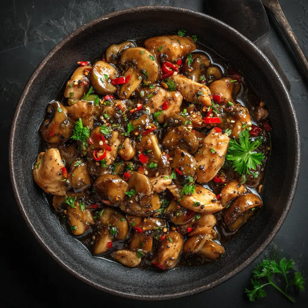 Black Pepper Chicken (Easy 30-Minute Recipe) 1 A step-by-step process shot showing the Black Pepper Chicken stir-fry cooking in a wok with fresh vegetables and savory sauce.