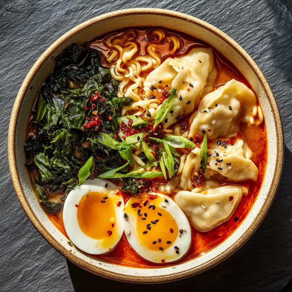 A bowl of ramen noodle soup with dumplings being prepared in a pot, showing the easy step-by-step process of this quick dinner recipe.