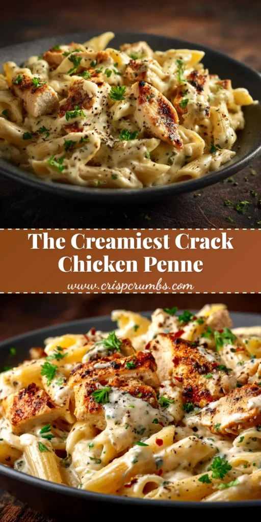 A top-down view of a white bowl filled with creamy Crack Chicken Penne, garnished with crispy bacon and fresh green onions.
