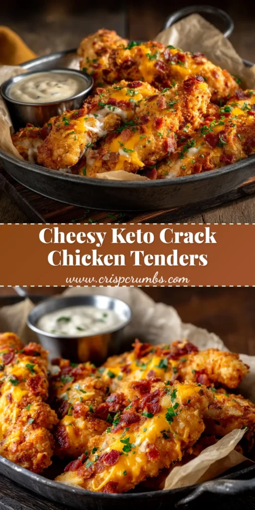 A platter of golden-brown baked crack chicken tenders, topped with melted cheddar cheese, crispy bacon, and fresh green onions. The ultimate bacon ranch chicken recipe!