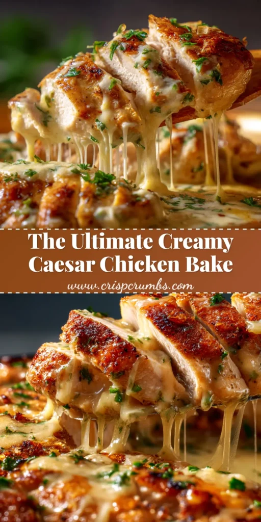 A sharable pin image of creamy Caesar Chicken baked in a skillet, topped with melted Parmesan cheese and fresh parsley.
